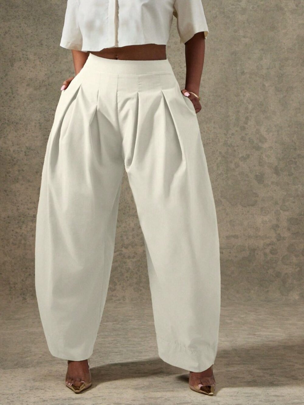 Apricot Casual Women's High Waist Pleated Detail Barrel Leg Office Pants